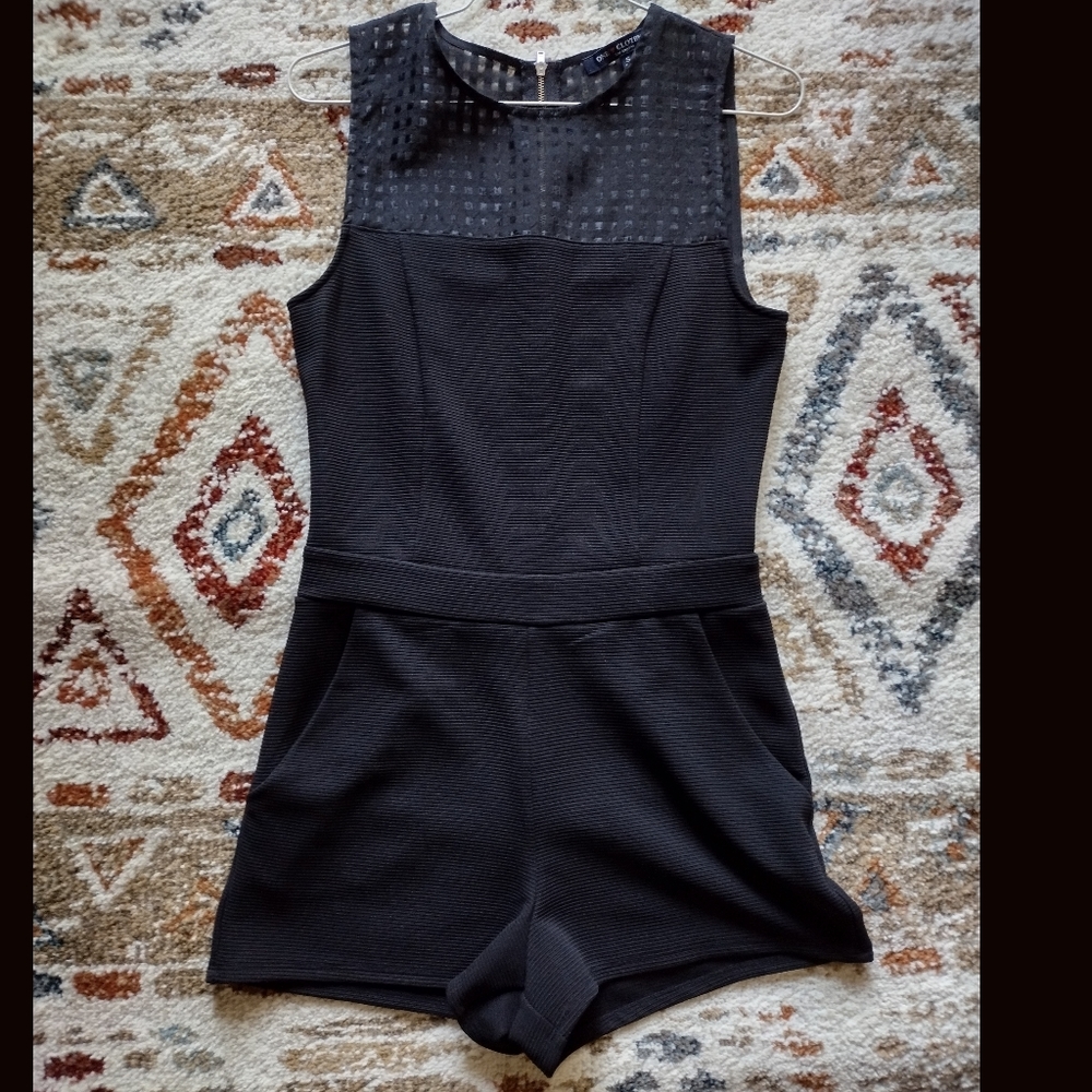 One Heart Clothing, Black Stretch Exposed-Back-Zipper Sheer Yokes - Romper- S